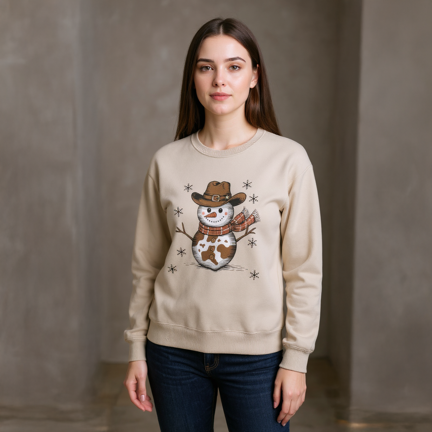 Woman wearing a beige sweatshirt with a snowman design against a plain background