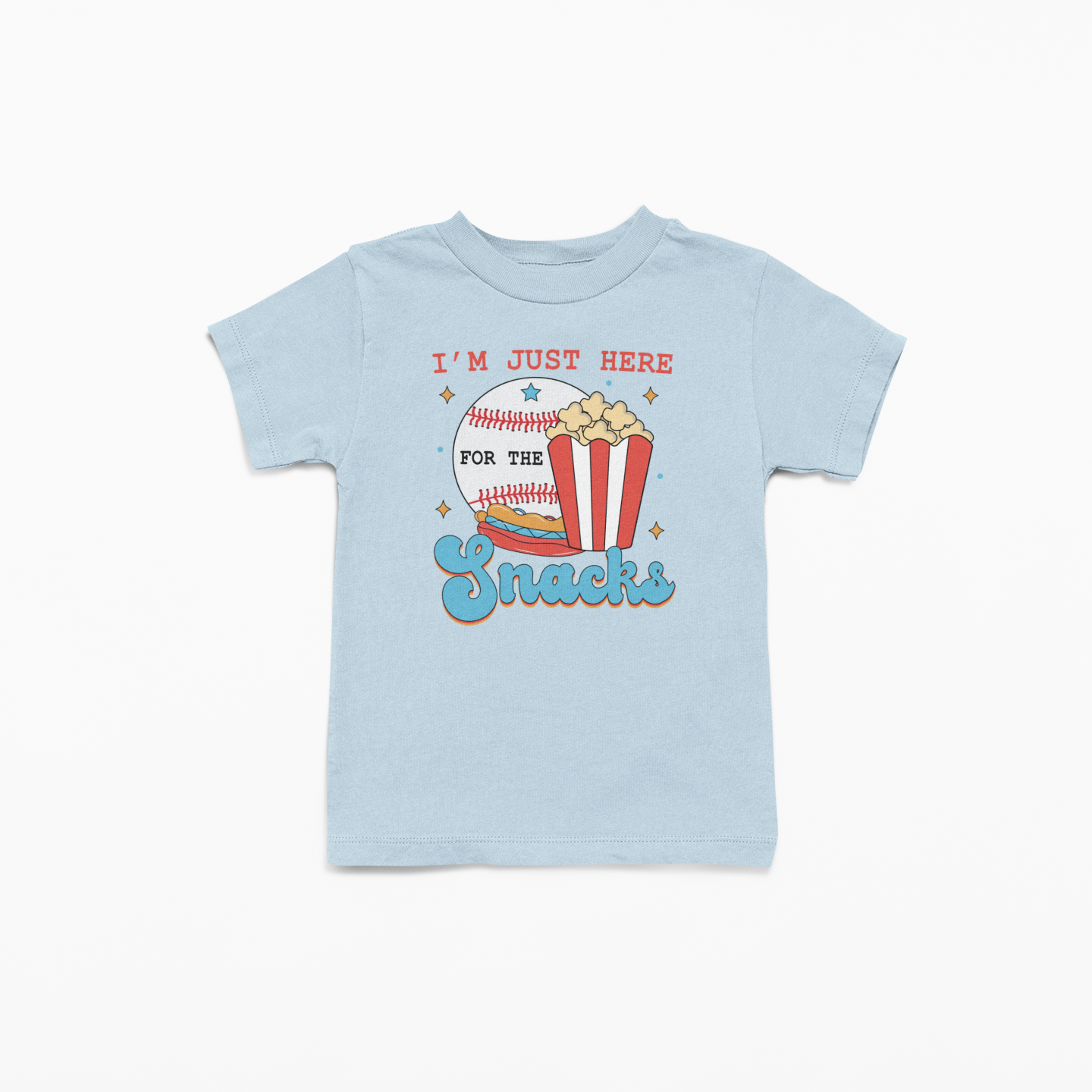 Light blue t-shirt with a popcorn design and text on a white background