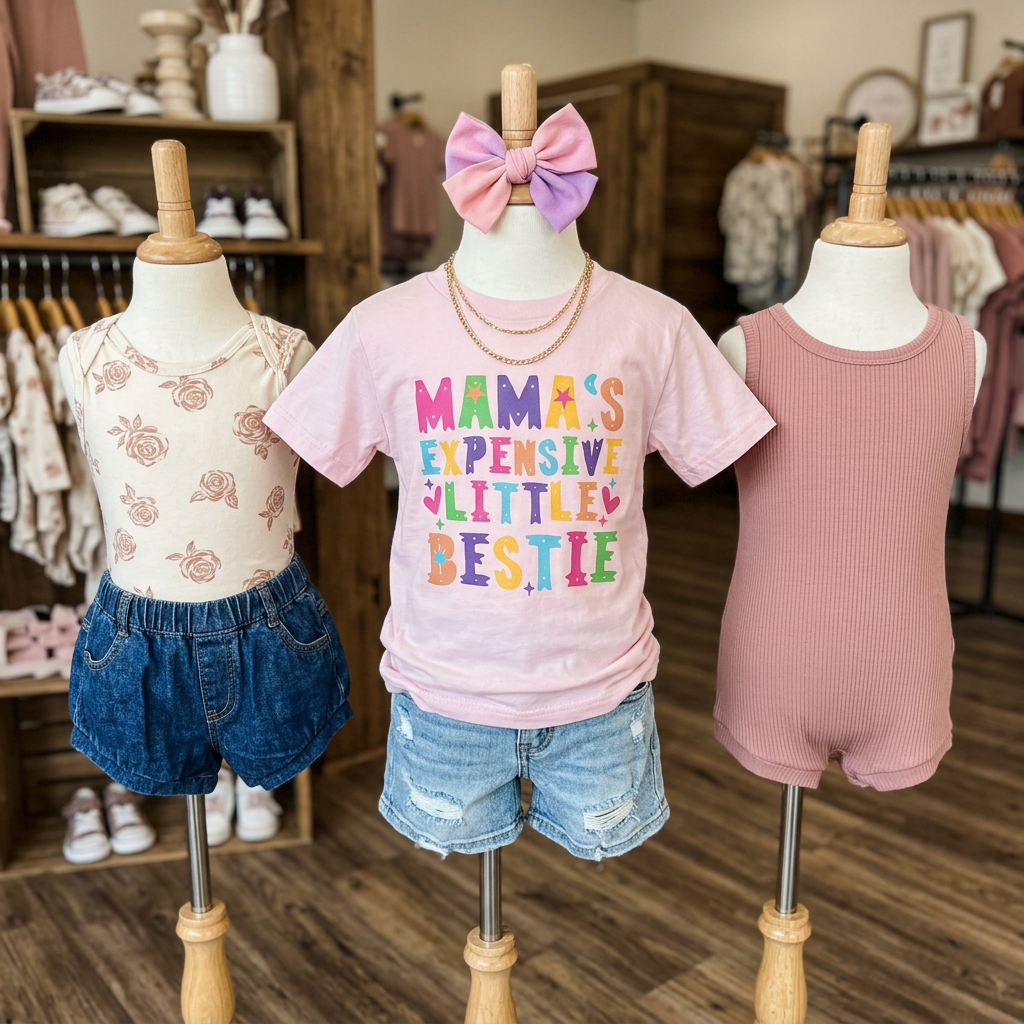 Children's clothing on mannequins in a store setting