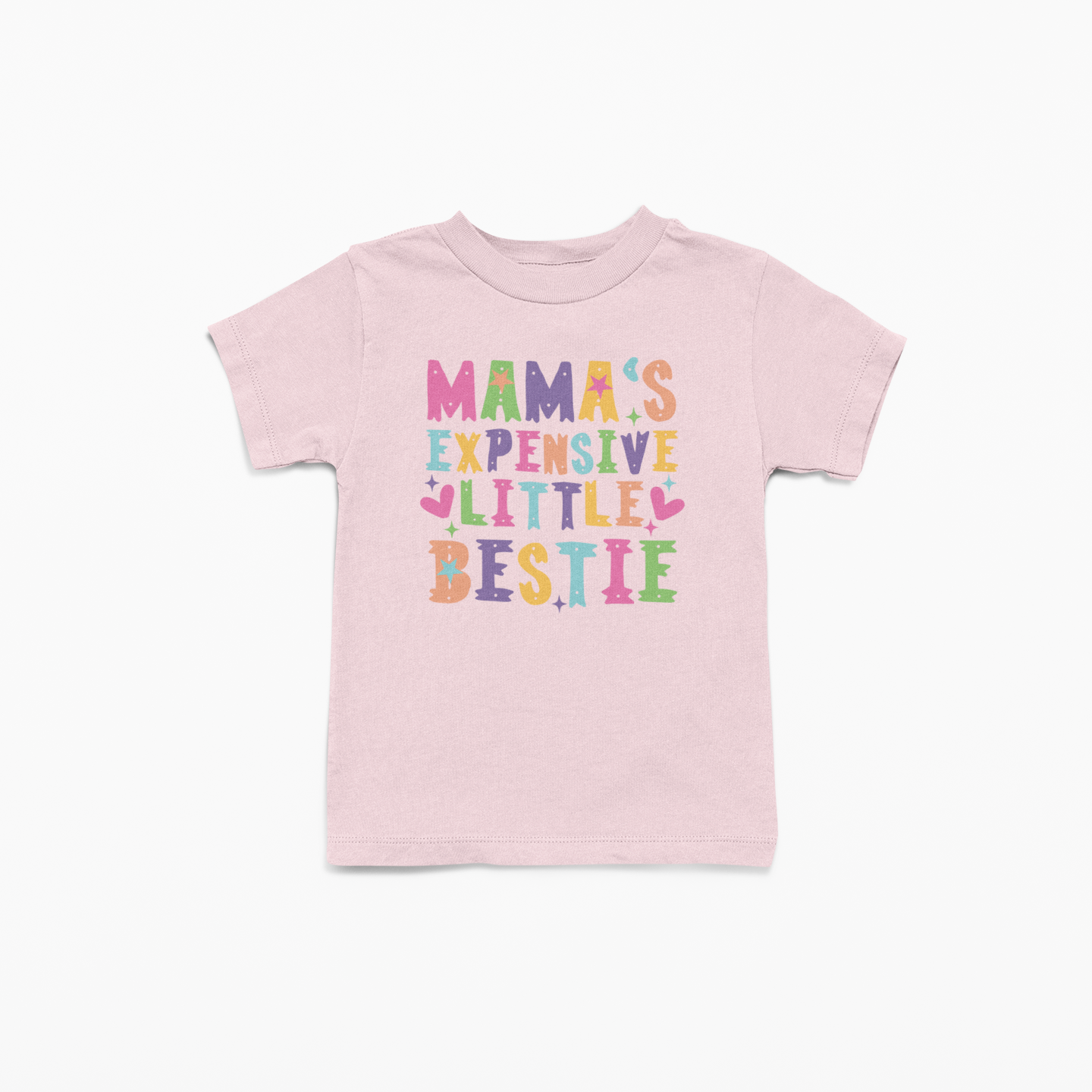 Pink t-shirt with colorful text on a white background