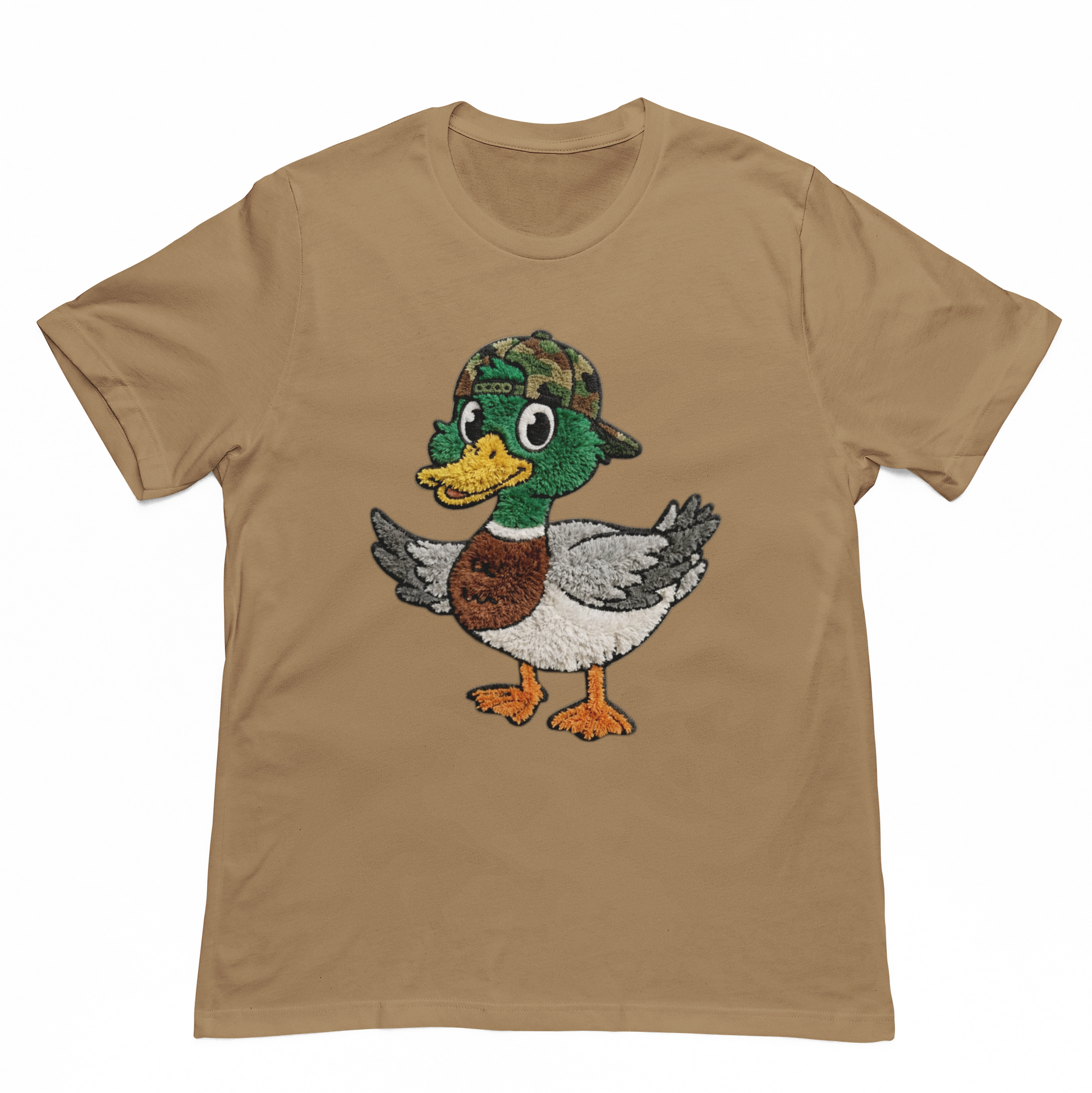 Brown t-shirt with a duck wearing a cap design on a white background