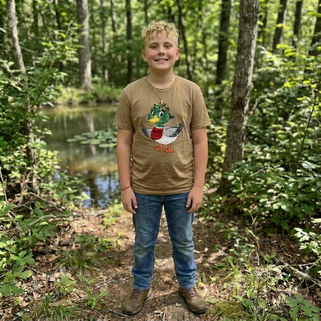 Boy standing in a forest with a duck graphic t-shirt