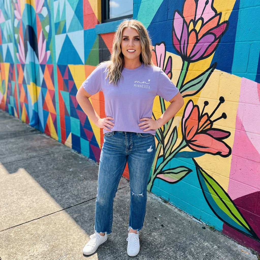 Woman posing in front of a colorful mural with geometric shapes and floral designs.