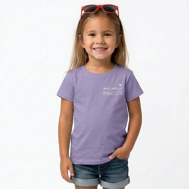 Purple t-shirt with 'mn Minnesota' text on a white background