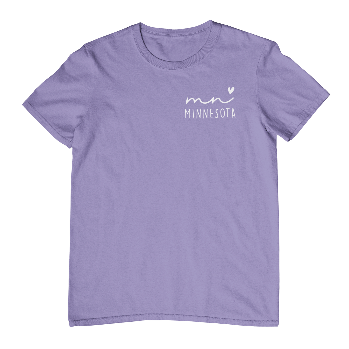 Purple t-shirt with 'mn Minnesota' text on a white background