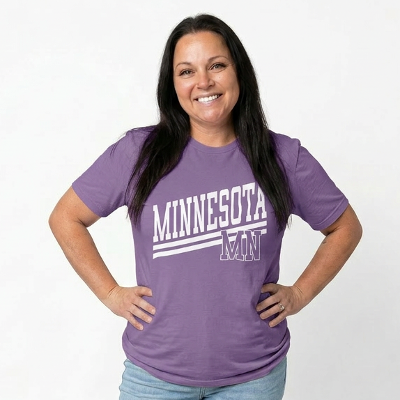 Woman wearing a purple 'MINNESOTA MN' t-shirt on a white background