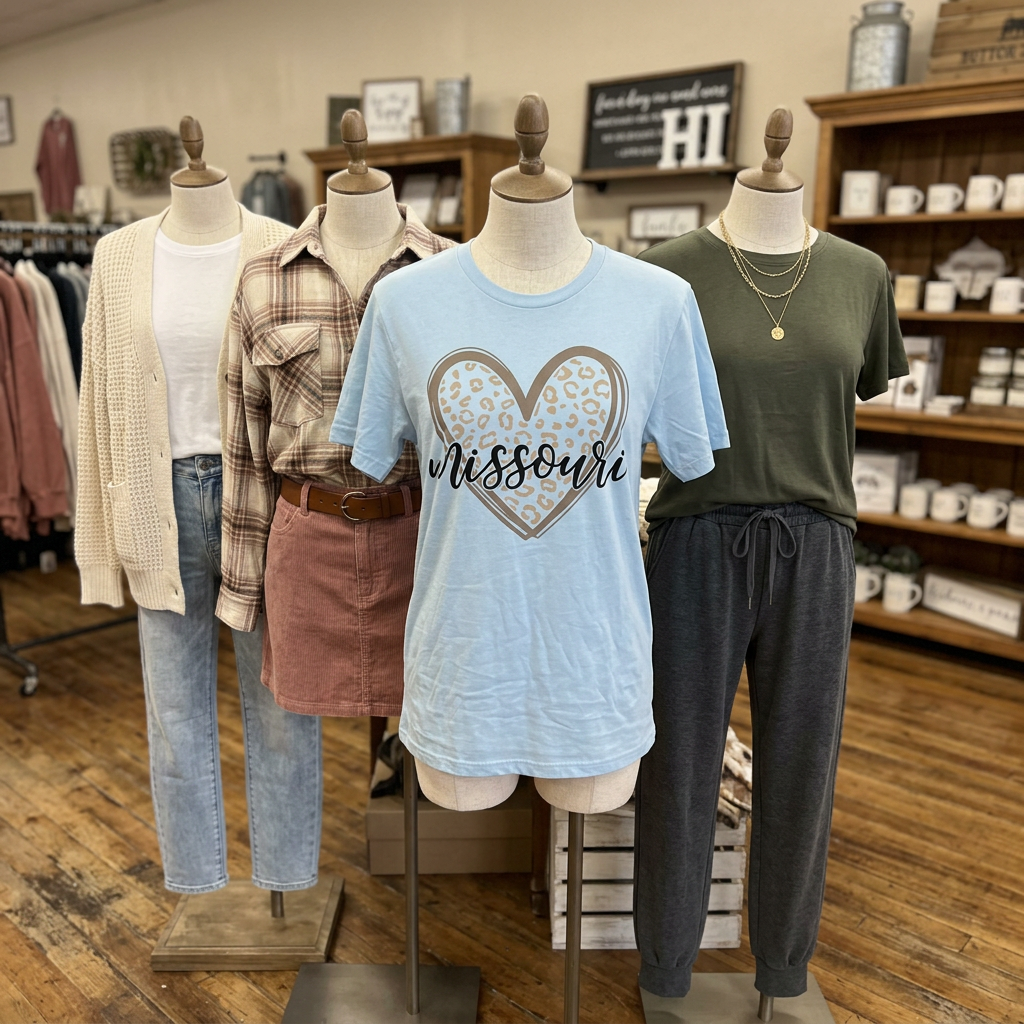 Mannequins dressed in casual clothing with a focus on a blue t-shirt with 'Missouri' design in a store setting.