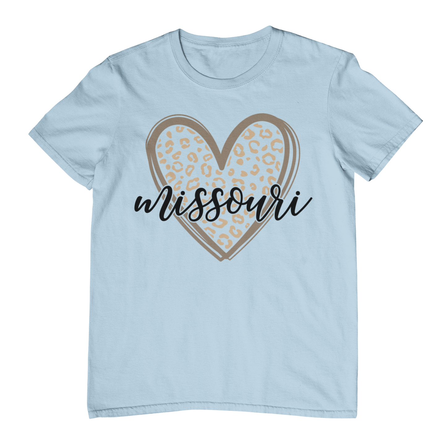 Light blue t-shirt with a heart-shaped leopard print design and 'Missouri' text on a white background