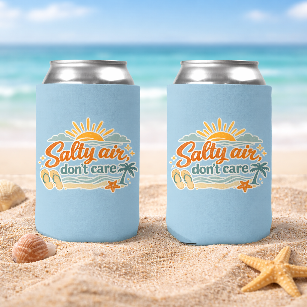 Two can coolers with 'Salty air, don't care' design on a beach background
