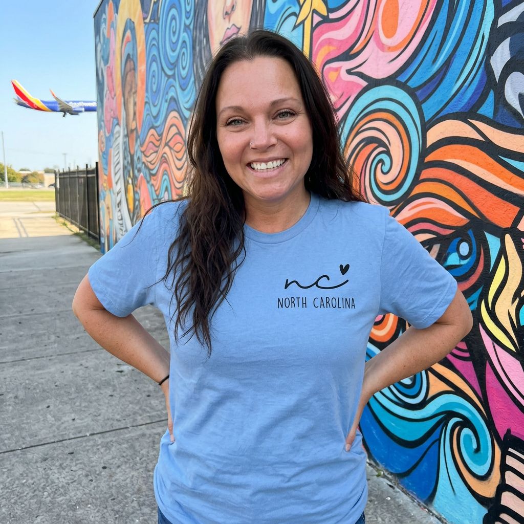 Woman wearing a blue 'North Carolina' t-shirt in front of a colorful mural.