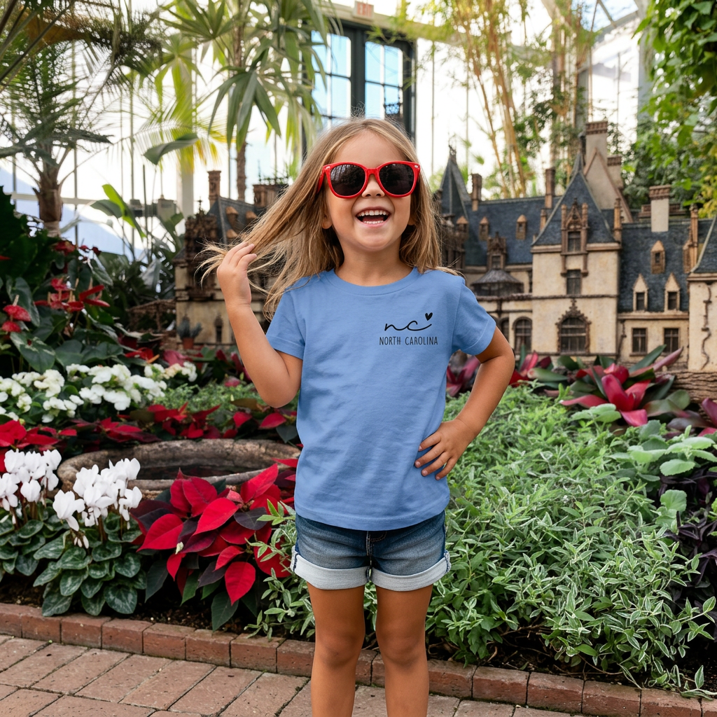 Child wearing a blue t-shirt with 'North Carolina' text, standing in a garden with flowers and a building in the background.