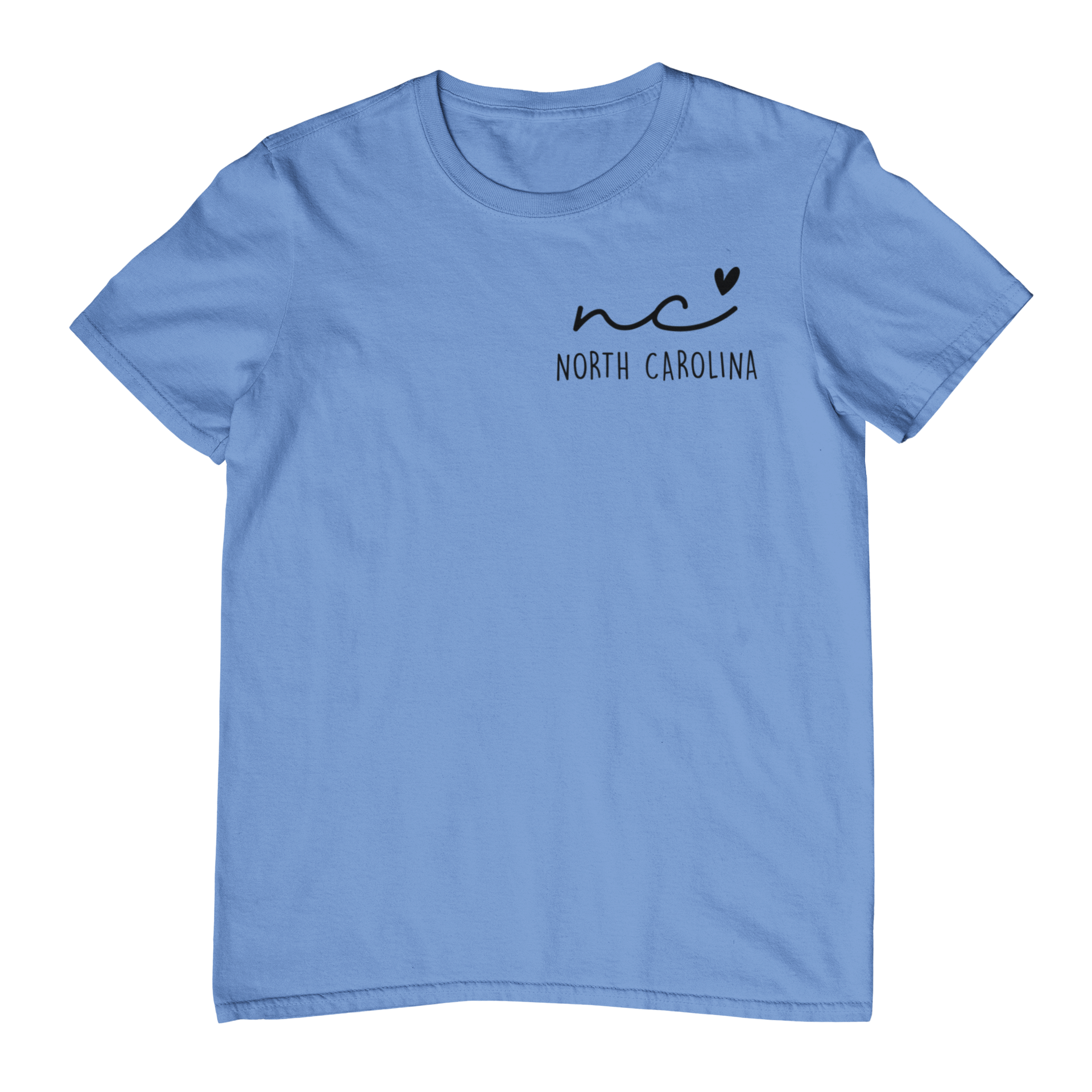 Light blue t-shirt with 'nc North Carolina' text on a white background