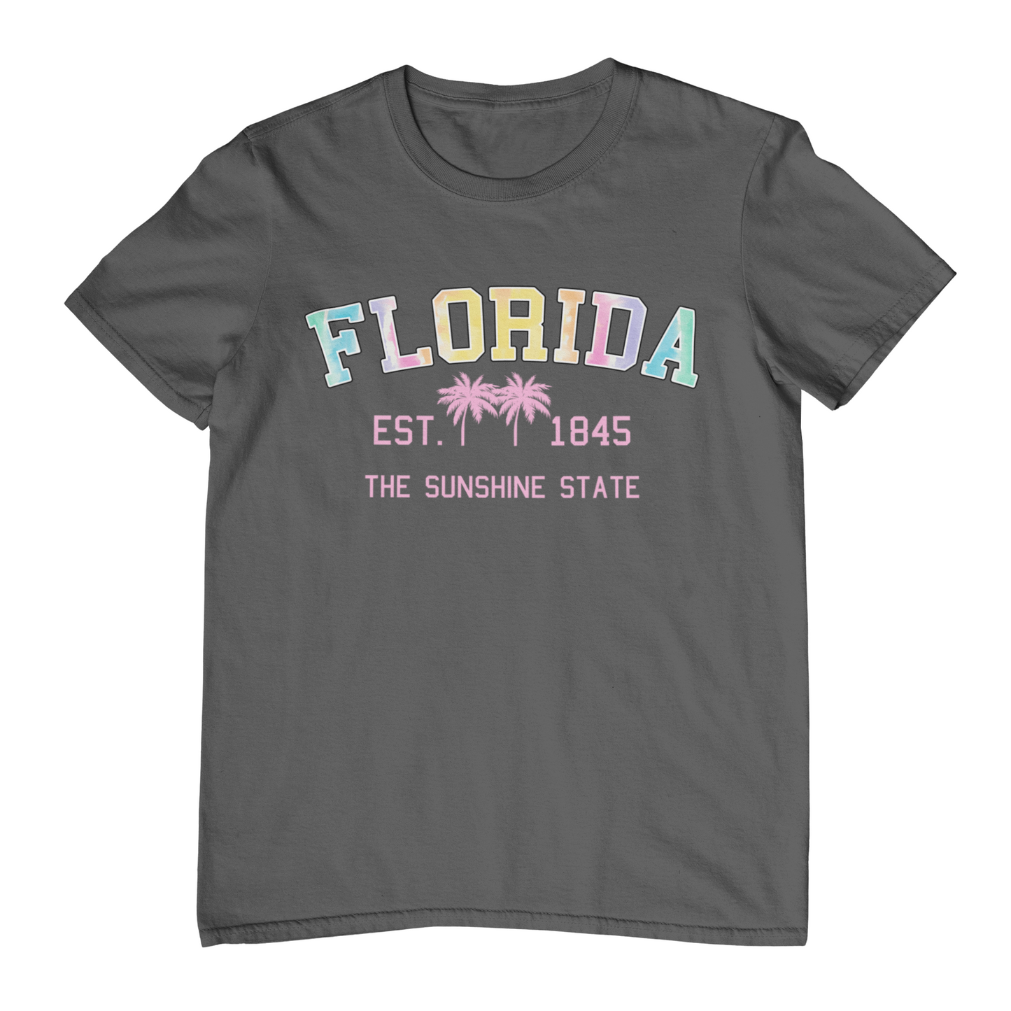 Gray t-shirt with 'Florida' text and palm tree design on a white background