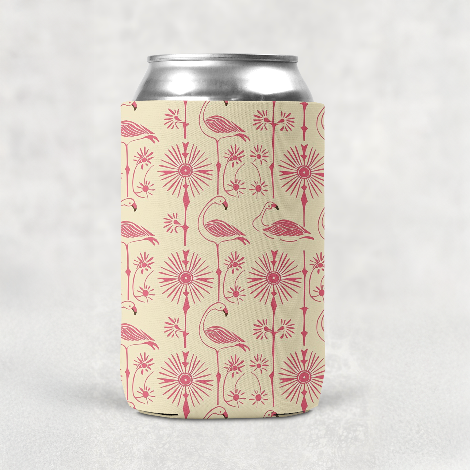 Can with pink floral and a pink Flamingo on a beige background