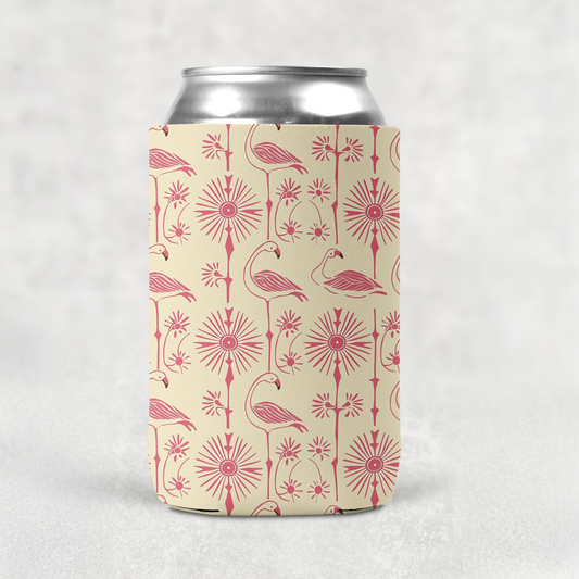 Can with pink floral and a pink Flamingo on a beige background