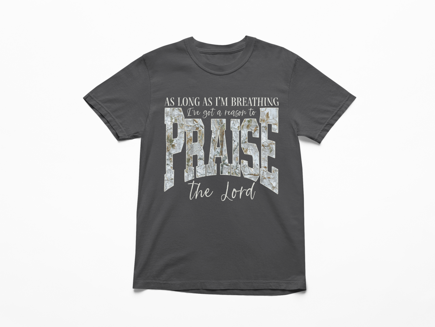 Gray t-shirt with 'Praise the Lord' text on a white background