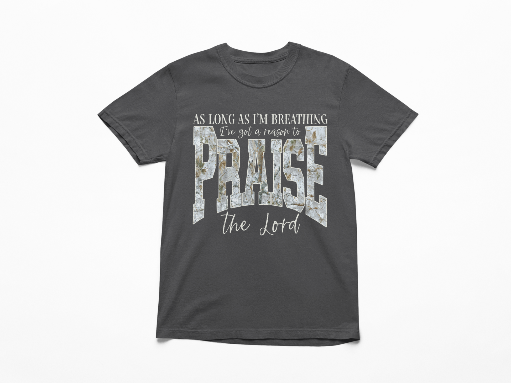 Gray t-shirt with 'Praise the Lord' text on a white background