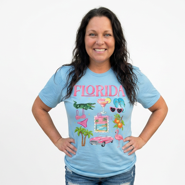 Woman wearing a light blue t-shirt with 'Florida' and various icons on a white background