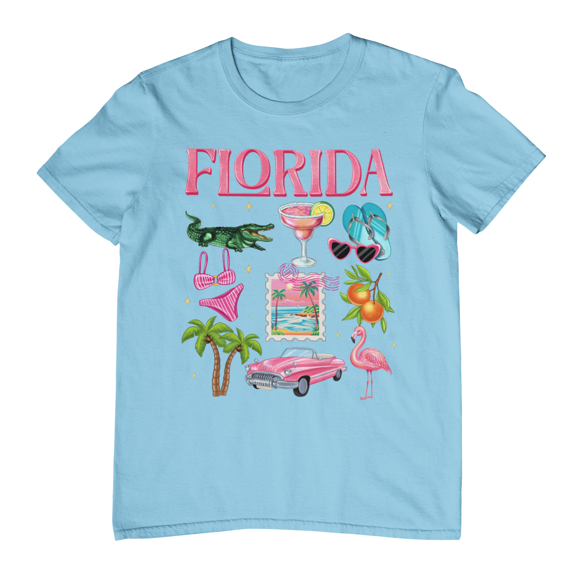 Light blue t-shirt with Florida-themed graphics on a white background