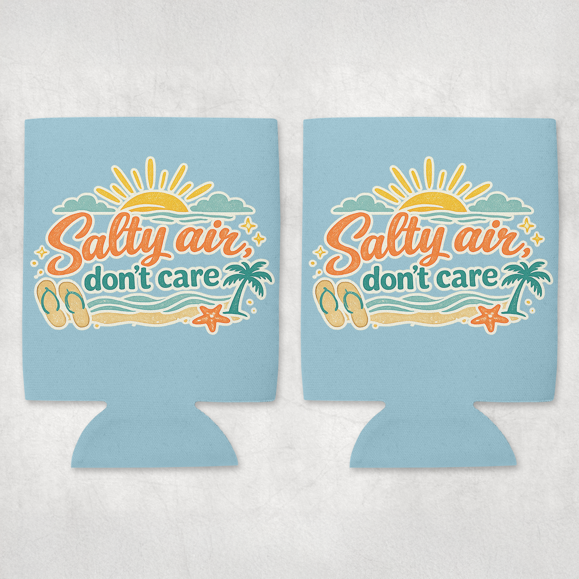Two light blue can coolers with 'Salty air, don't care' design on a white background