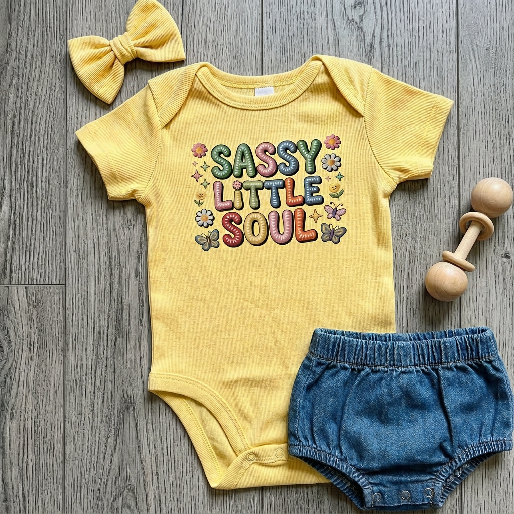Yellow baby onesie with 'Sassy Little Soul' text, denim shorts, yellow bow, and wooden rattle on a wooden surface.
