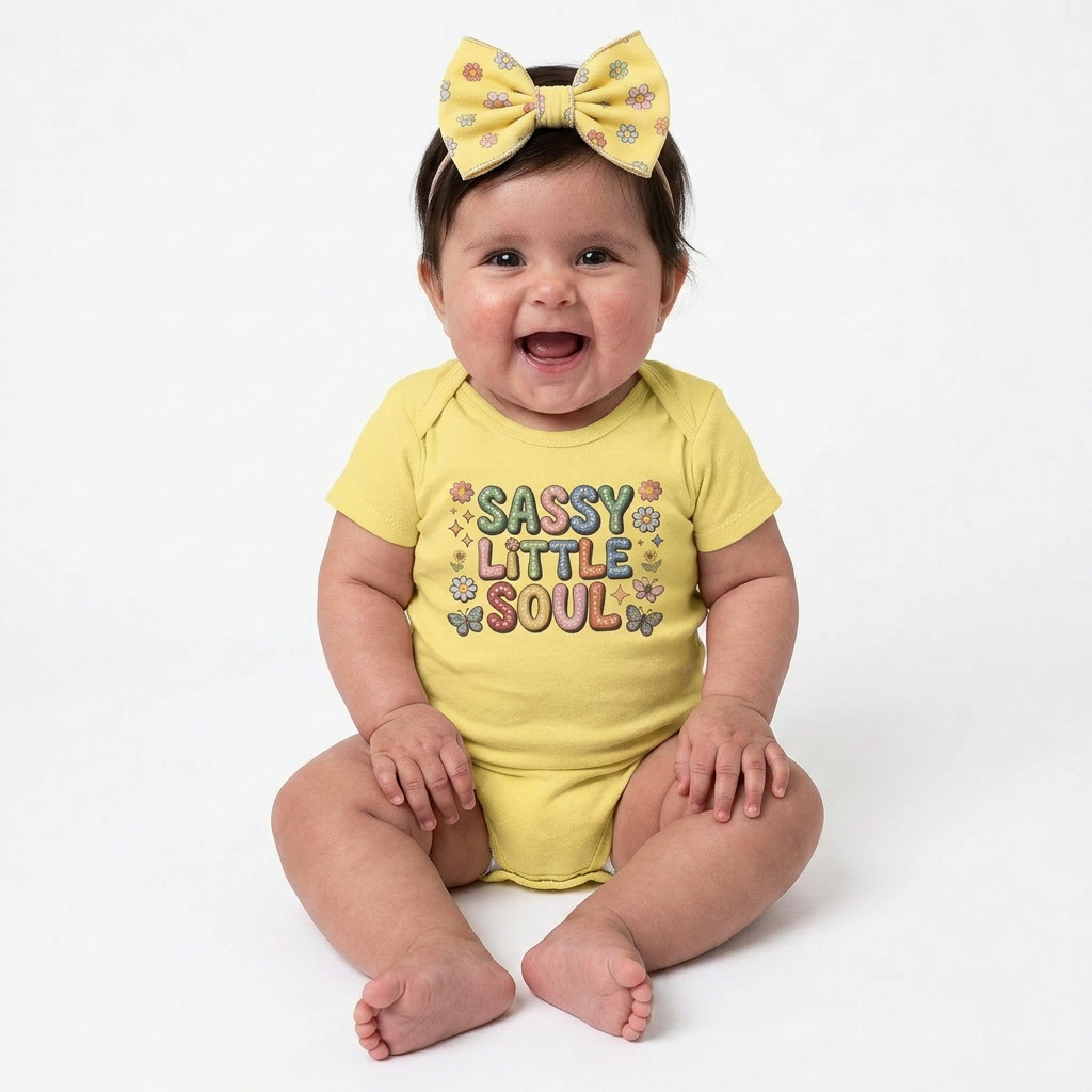 Baby wearing a yellow onesie with 'Sassy Little Soul' text and a matching bow headband on a white background