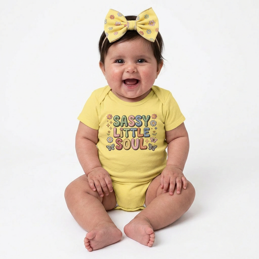 Baby wearing a yellow onesie with 'Sassy Little Soul' text and a matching bow headband on a white background