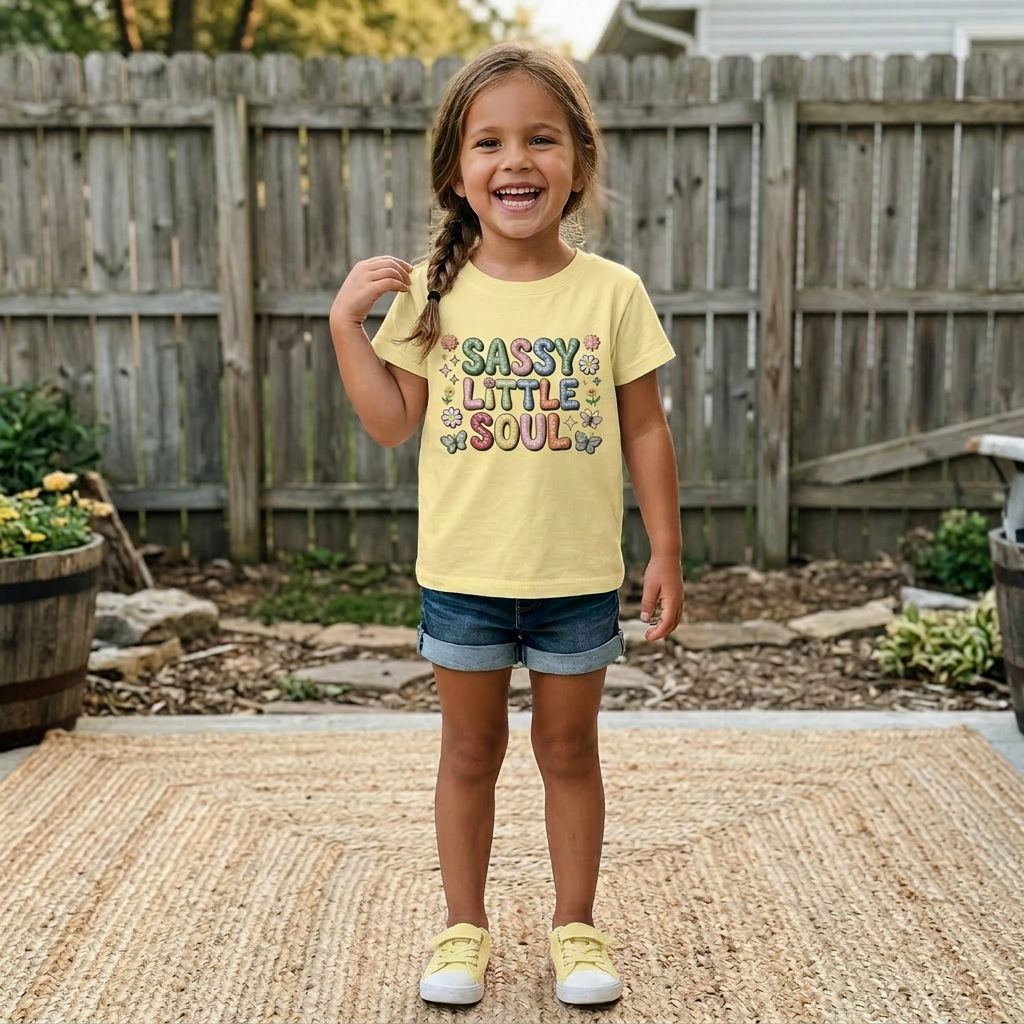 Young girl wearing a yellow t-shirt with colorful text, standing in a backyard.