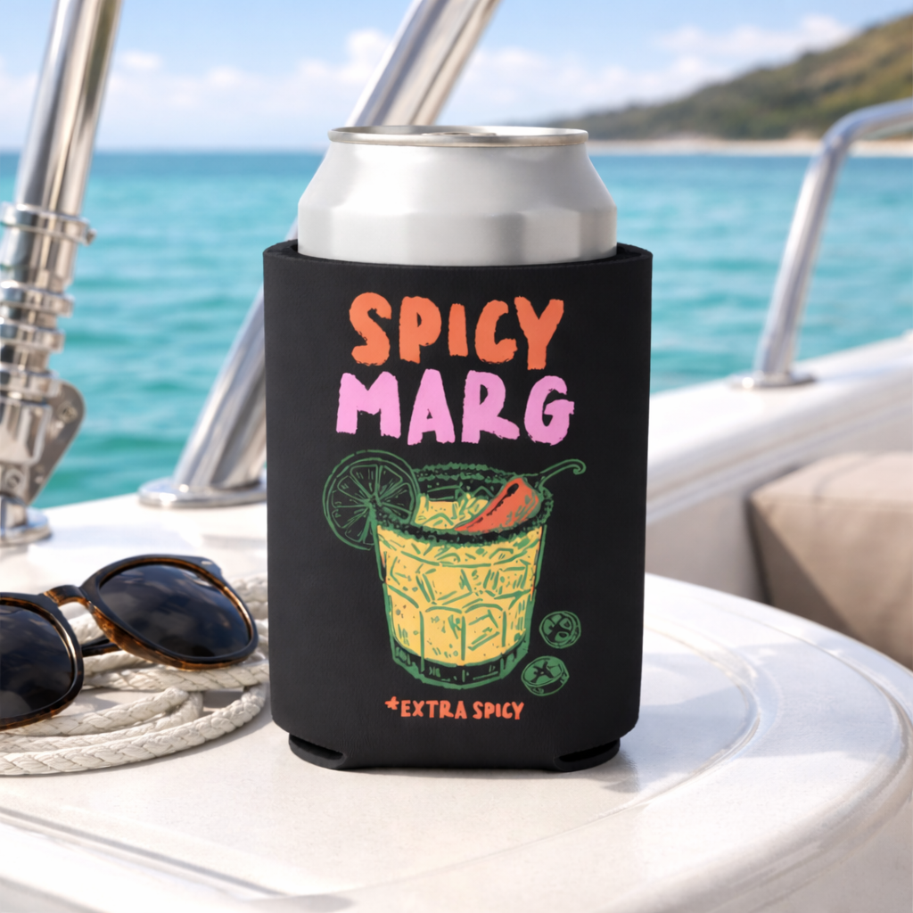 Can cooler with 'Spicy Marg' design on a boat with ocean view
