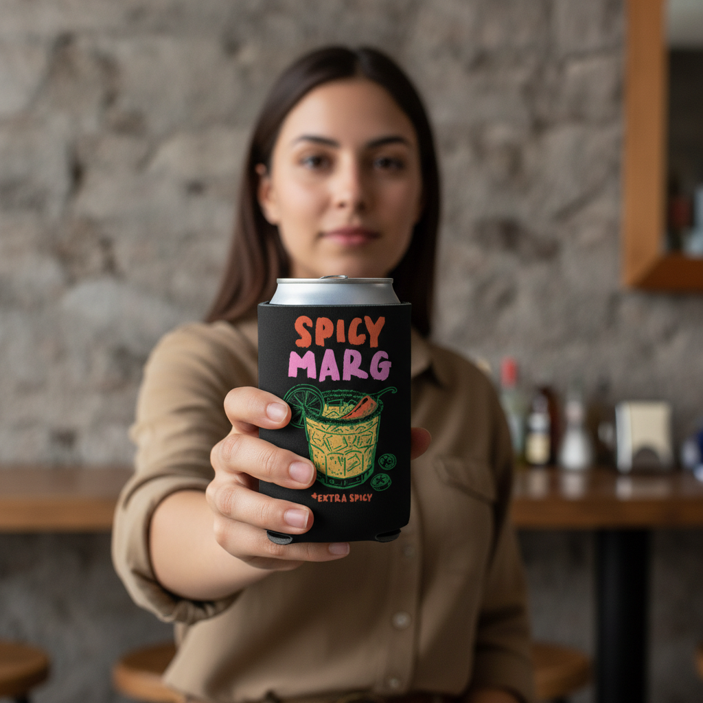 Person holding a can with 'Spicy Marg' label in a casual setting