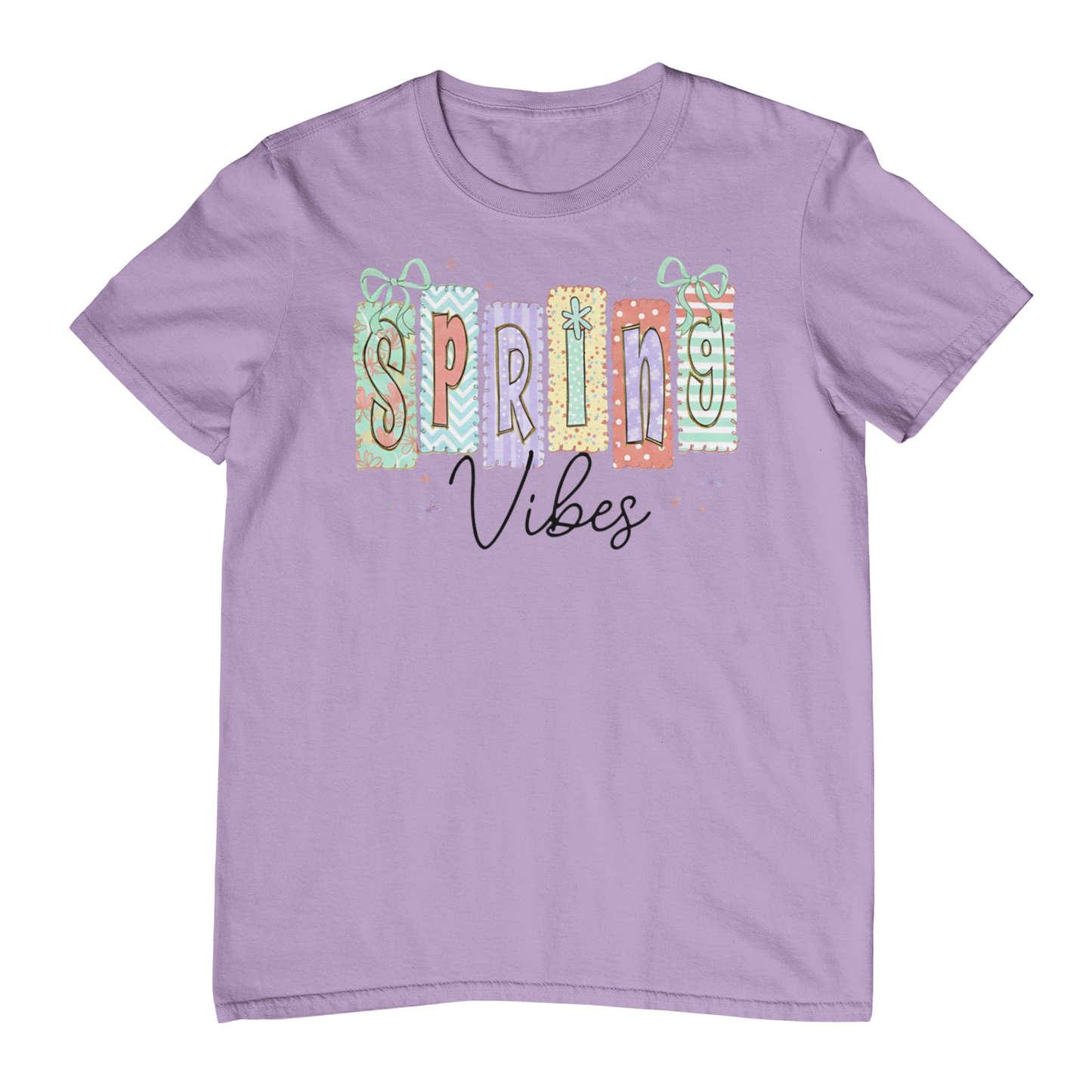Lavender t-shirt with 'Spring Vibes' text on a white background