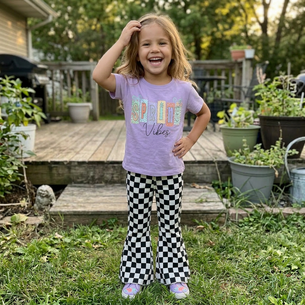 Child wearing a purple shirt with text and checkered pants standing in a garden.