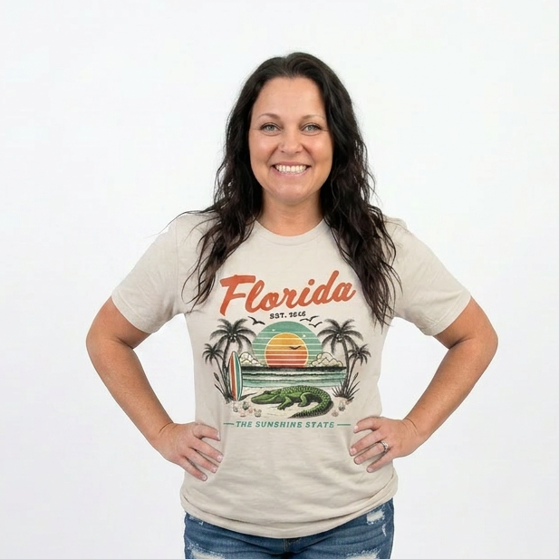 Woman wearing a 'Florida' t-shirt with an alligator graphic on a white background