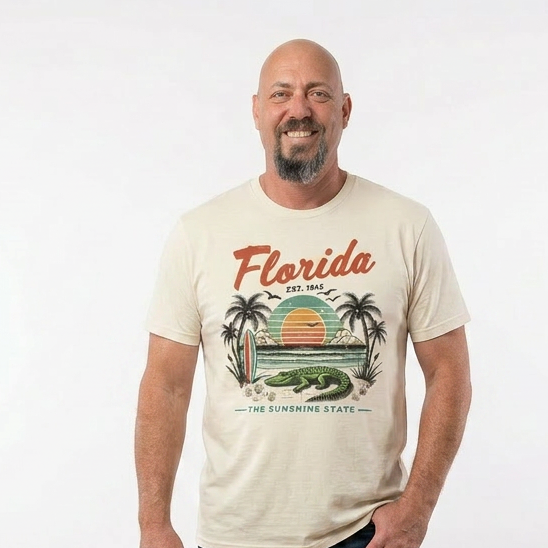 Man wearing a 'Florida' t-shirt with a graphic design on a white background