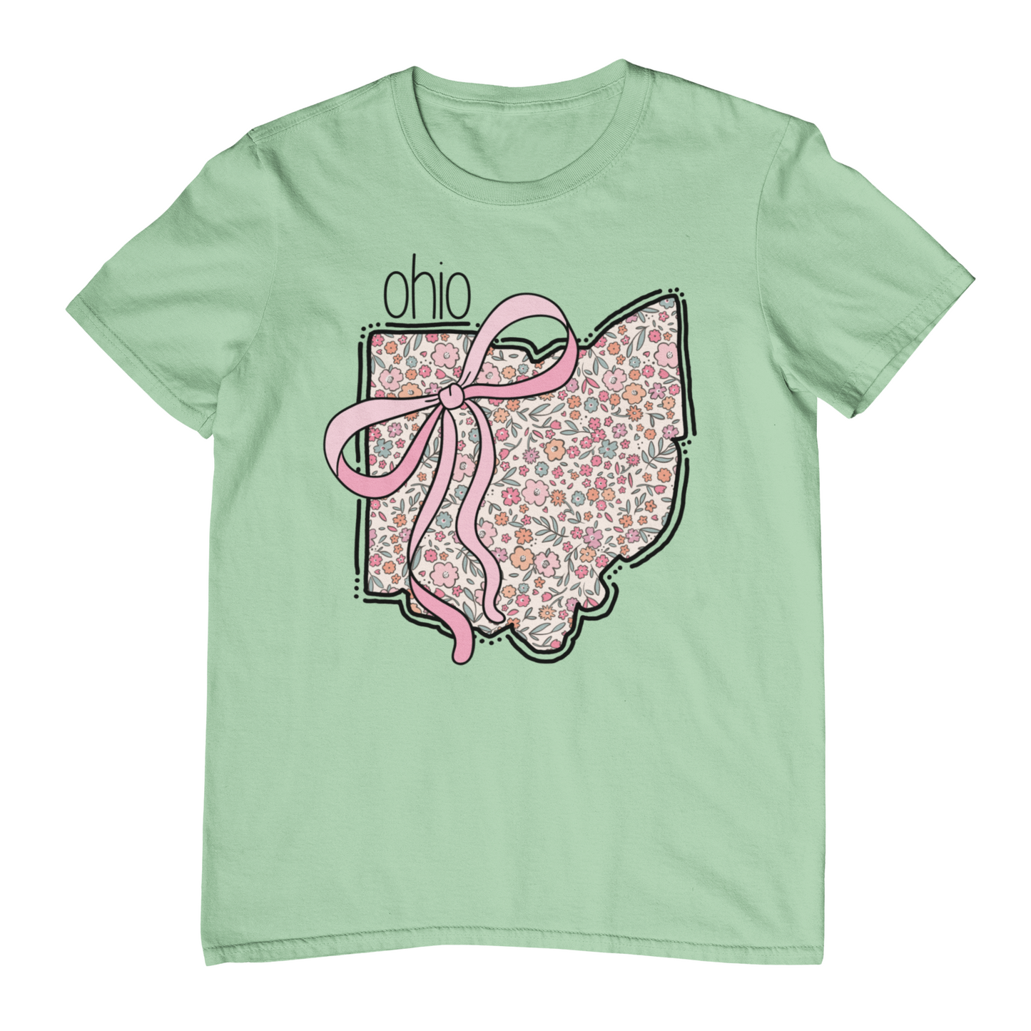 Light green t-shirt with a floral Ohio shape and pink bow design on a white background