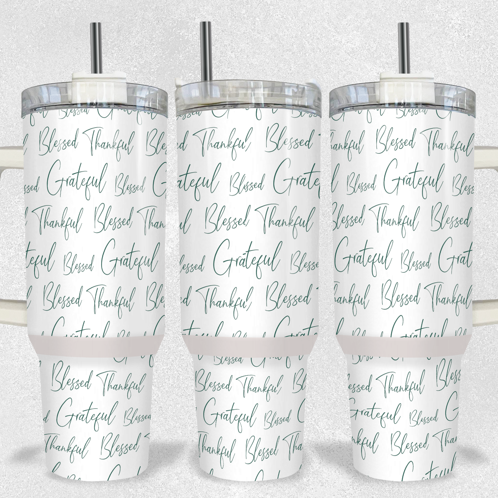 "40oz white inspirational tumbler with elegant green script repeating the words 'Blessed, Thankful, Grateful,' comes with handle, lid, and straw."