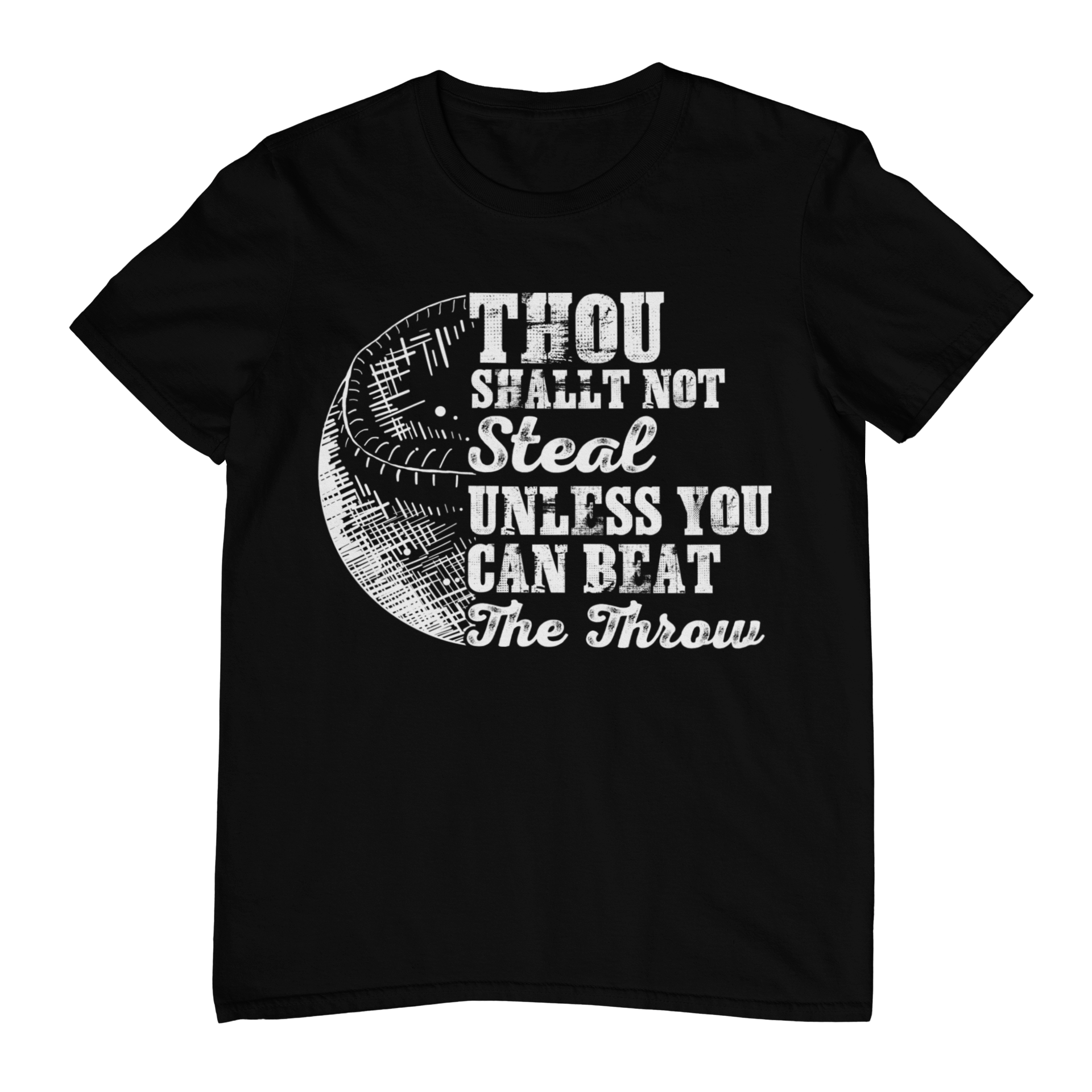 Black t-shirt with white text design on a white background