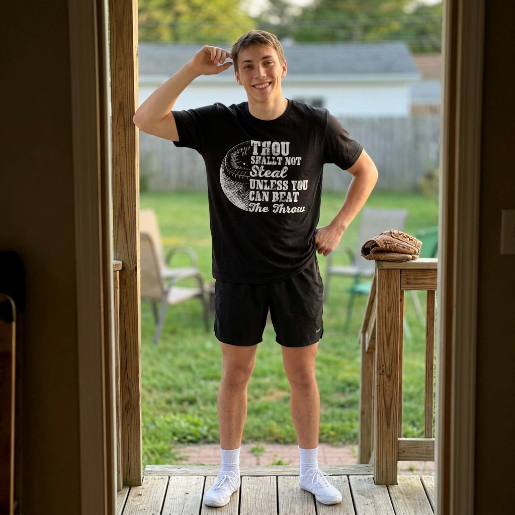 Person wearing a black t-shirt with text and graphics, standing on a wooden deck.