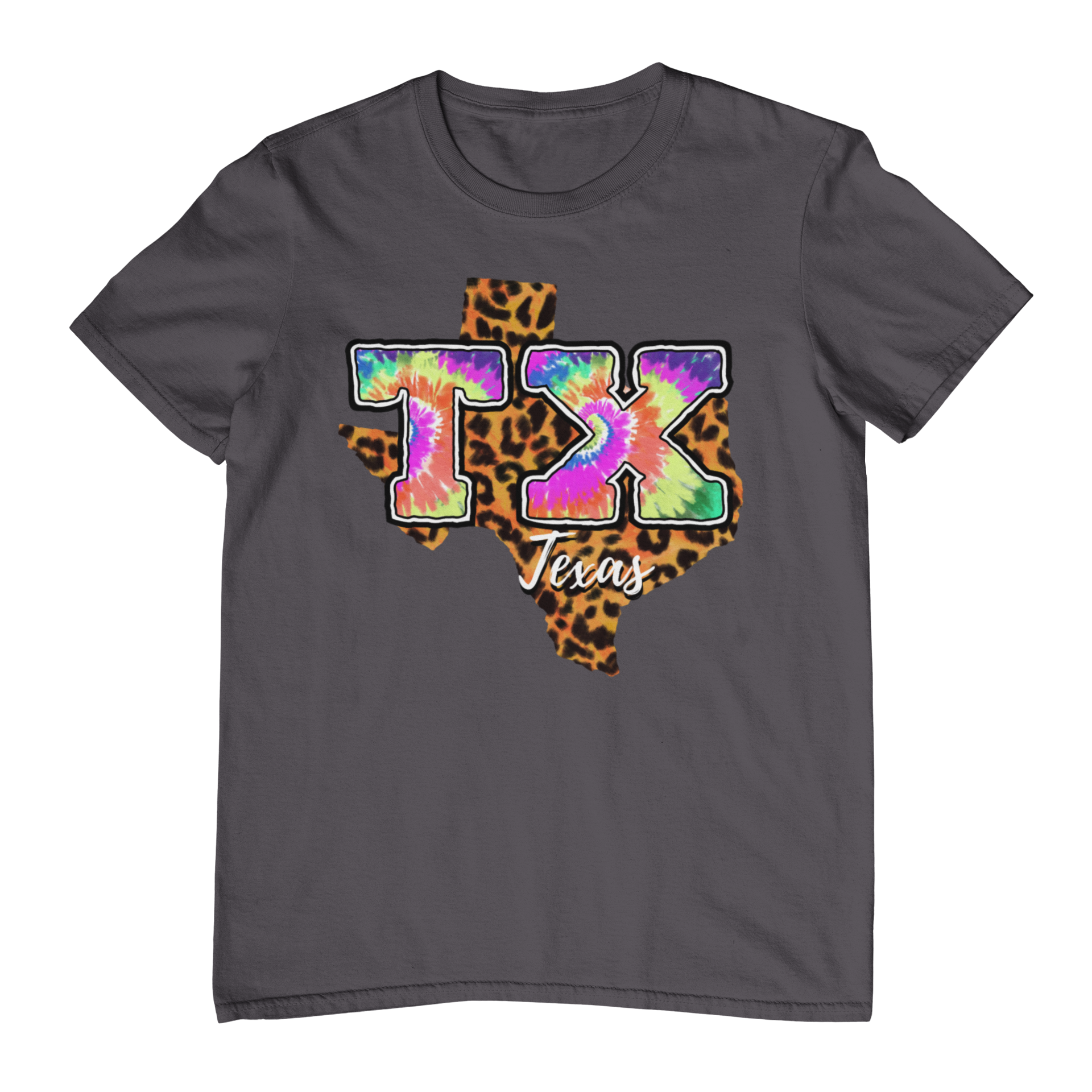 Gray t-shirt with a colorful 'TX Texas' design on a white background