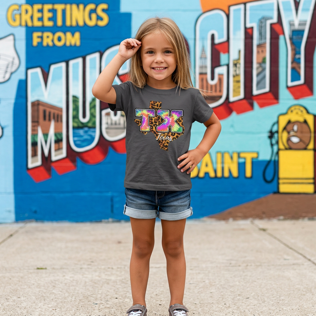Child wearing a gray t-shirt with colorful text in front of a colorful mural.