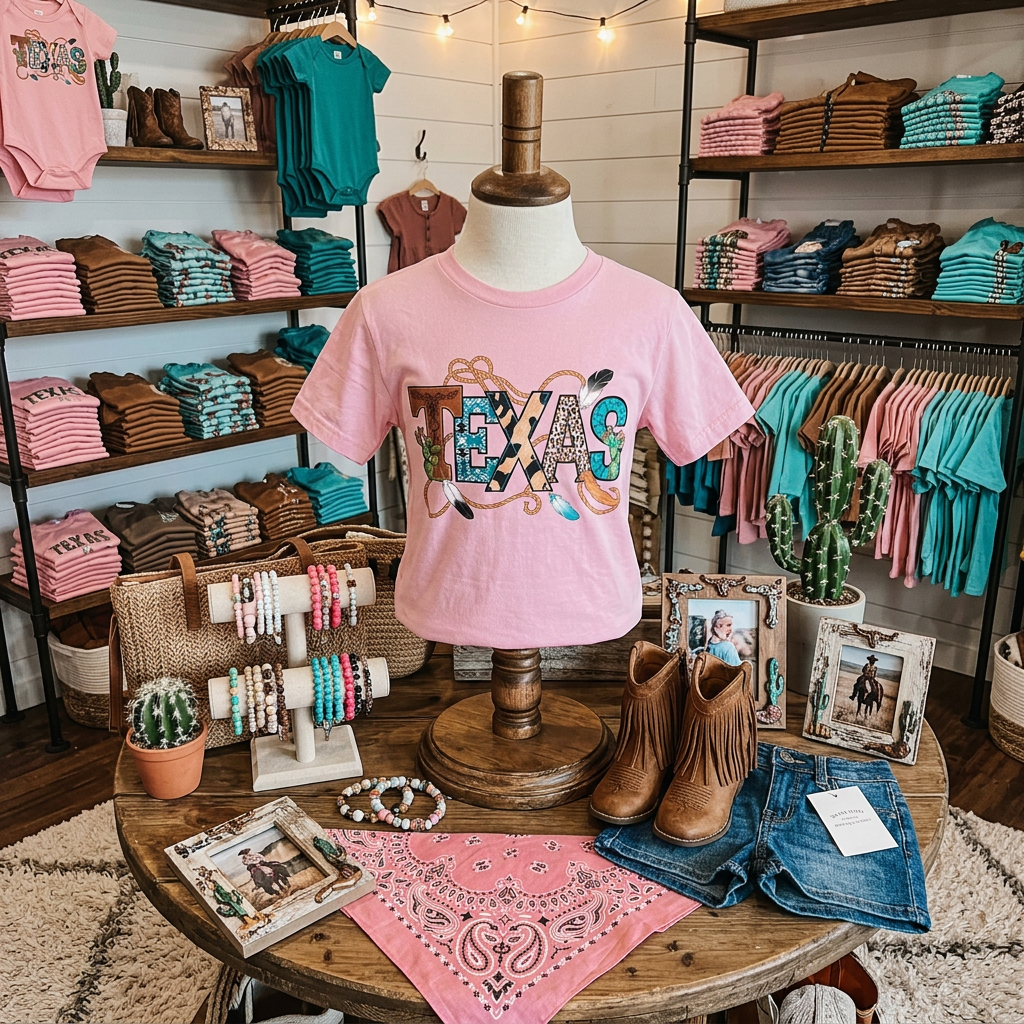 Mannequin wearing a pink 'TEXAS' t-shirt in a store setting with shirts, boots, and decor.