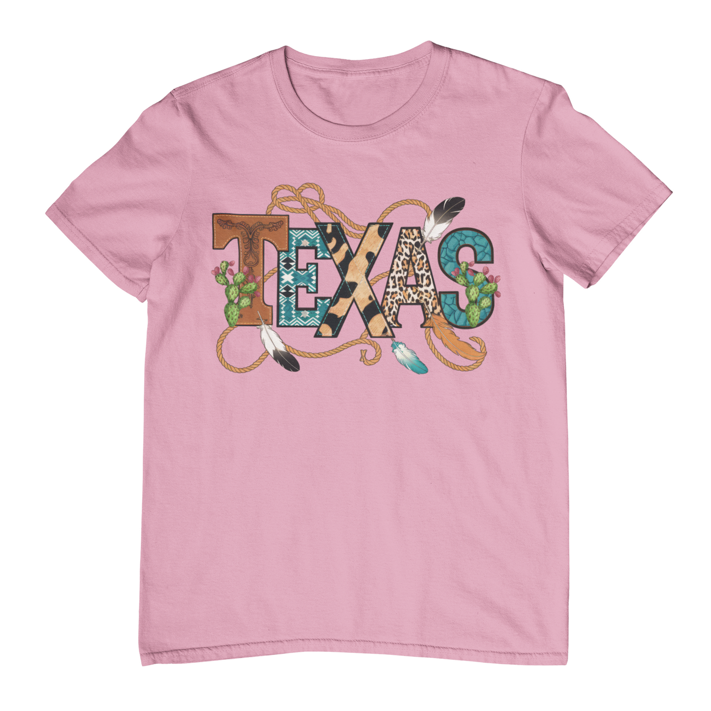 Pink t-shirt with 'TEXAS' design on a white background