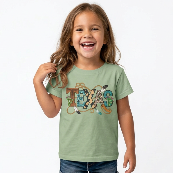 Child wearing a green 'TEXAS' t-shirt with red shoes on a white background