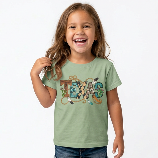 Child wearing a green 'TEXAS' t-shirt with red shoes on a white background