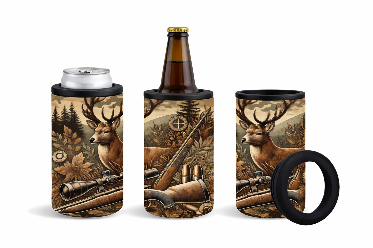 Set of hunting-themed can koozie, bottle holder, and cup sleeve with deer and rifle design.