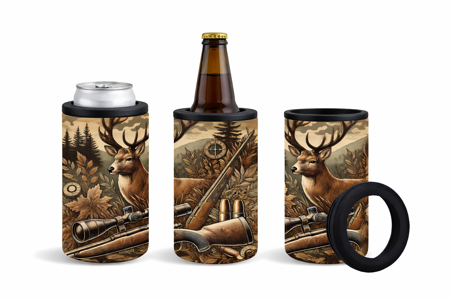 Set of hunting-themed can koozie, bottle holder, and cup sleeve with deer and rifle design.
