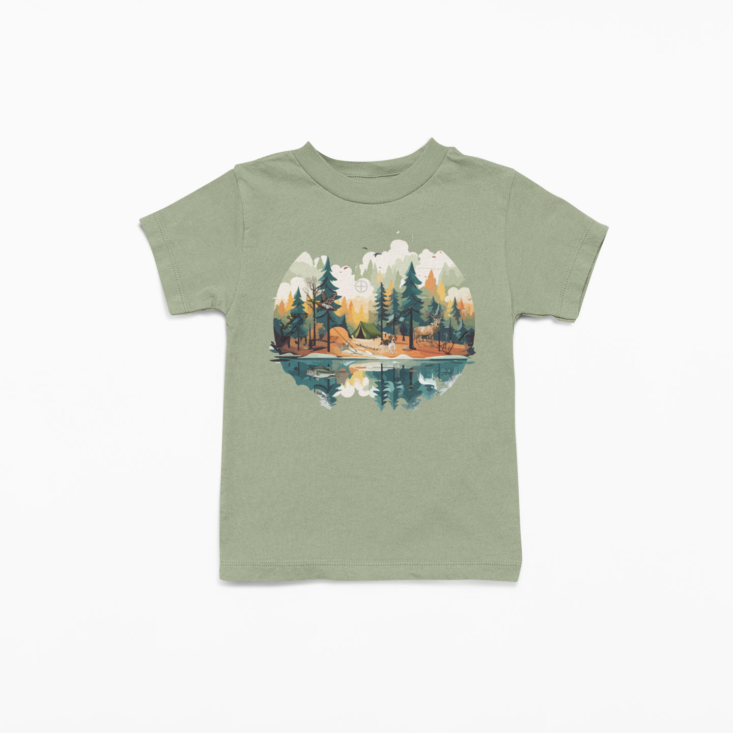 Green t-shirt with a nature graphic on a white background