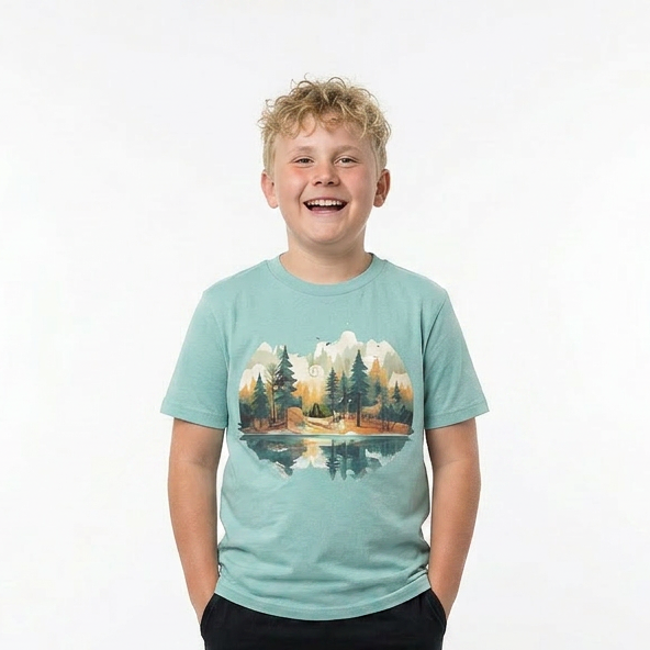 Child wearing a light blue camping shirt depicting mountains and a lake