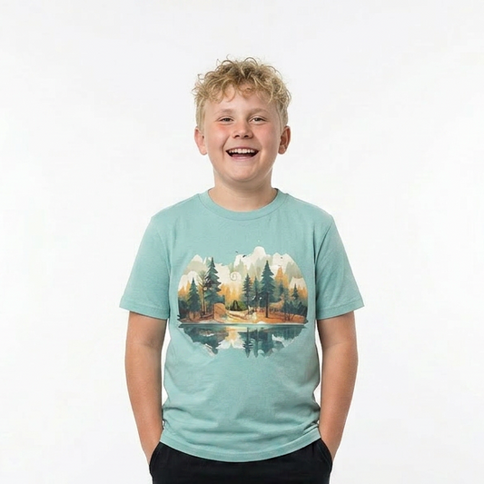 Child wearing a light blue camping shirt depicting mountains and a lake