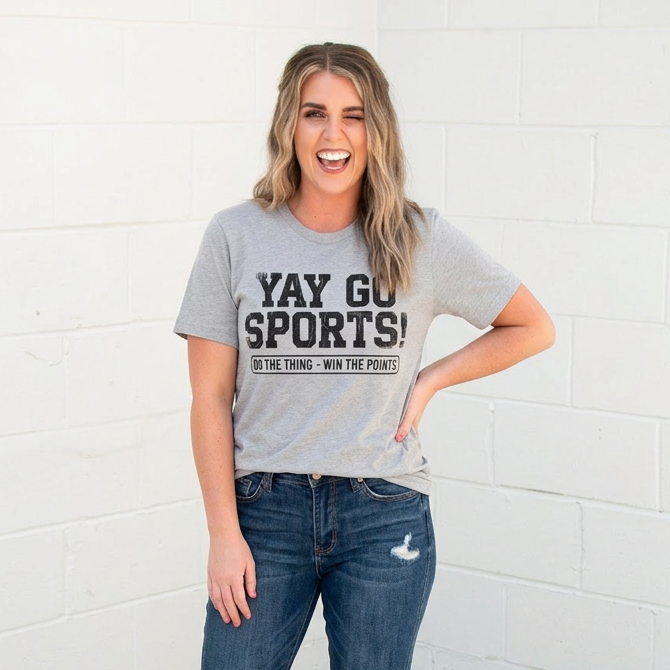 Woman wearing a gray 'YAY GO SPORTS!' t-shirt and blue jeans standing against a white brick wall.